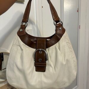 Elegant White and Brown Leather Shoulder Bag